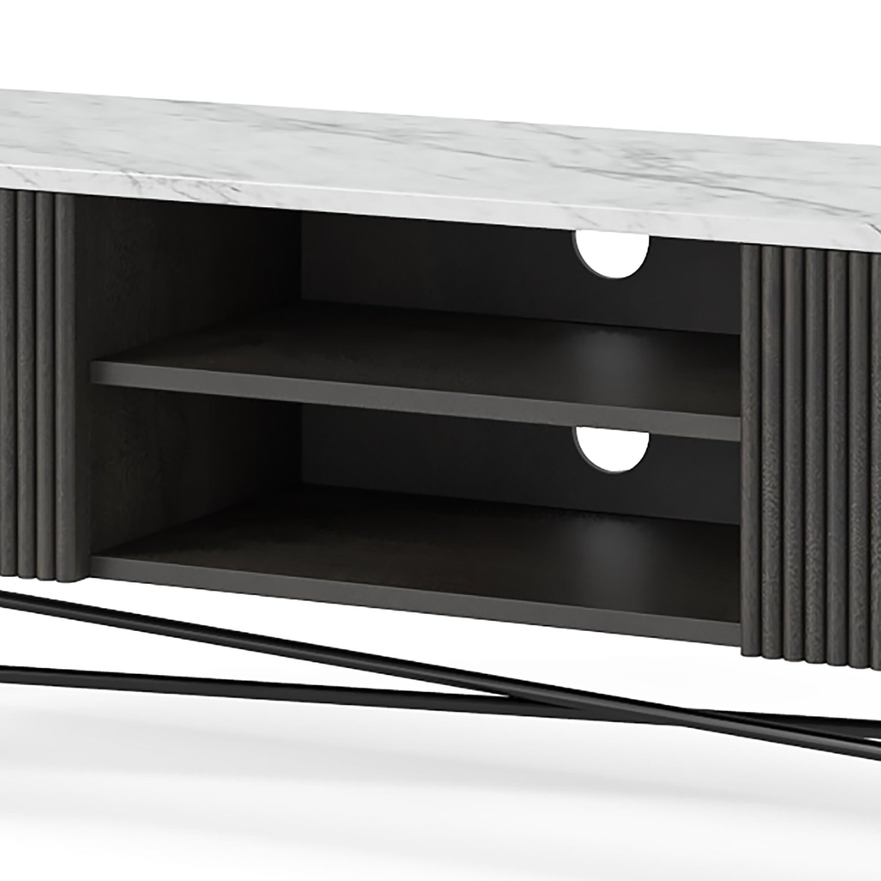 Milo Mango & Marble Fluted Extra Large TV Media Unit - Close up of cable access points and shelves