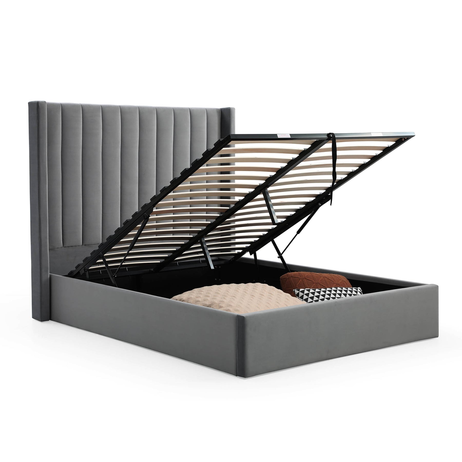 Maude Grey Velvet Ottoman Storage Bed Frame 