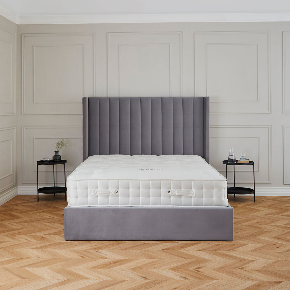 Maude Grey Velvet Ottoman Storage Bed Frame for bedroom