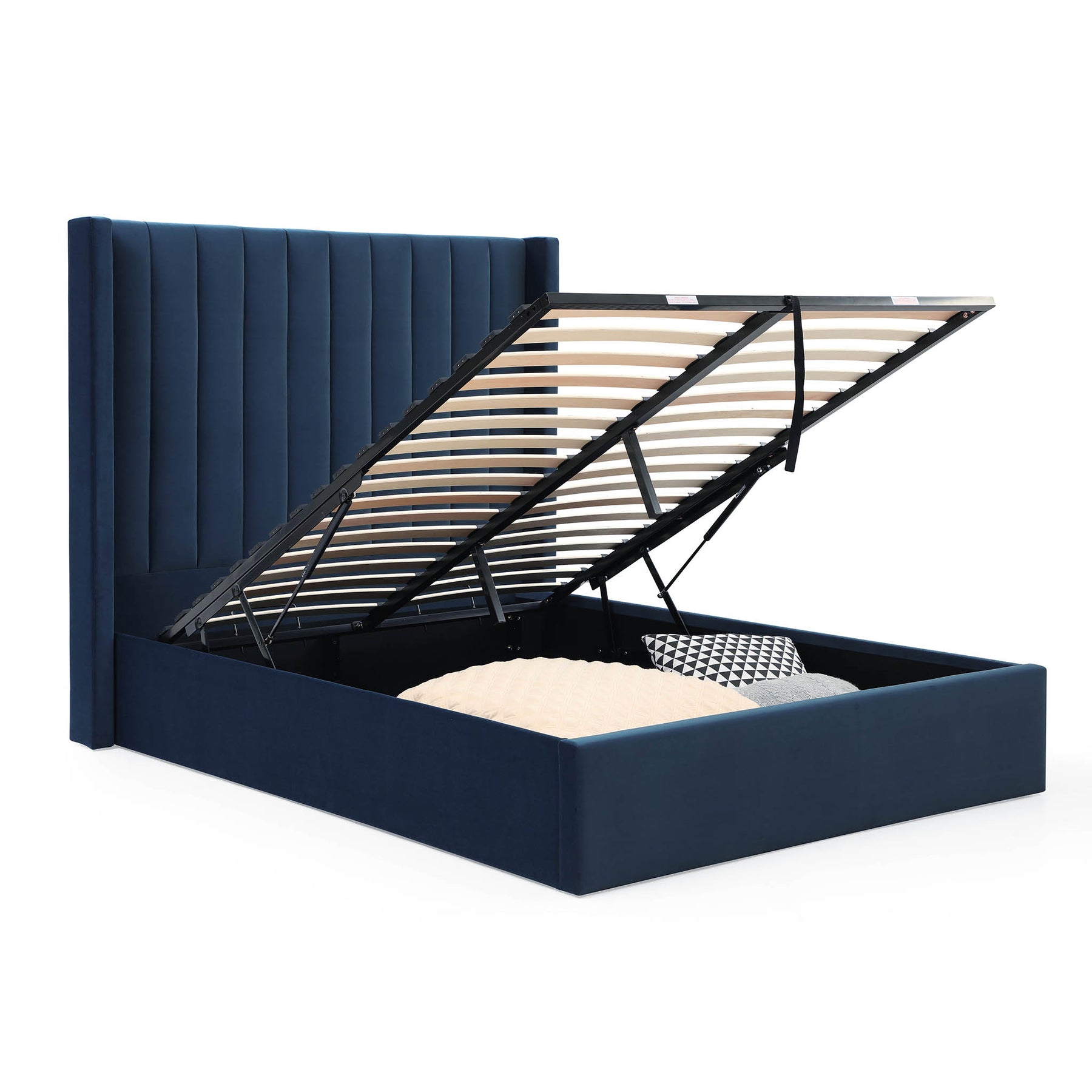 Maude Navy Velvet Ottoman Storage Bed Frame 