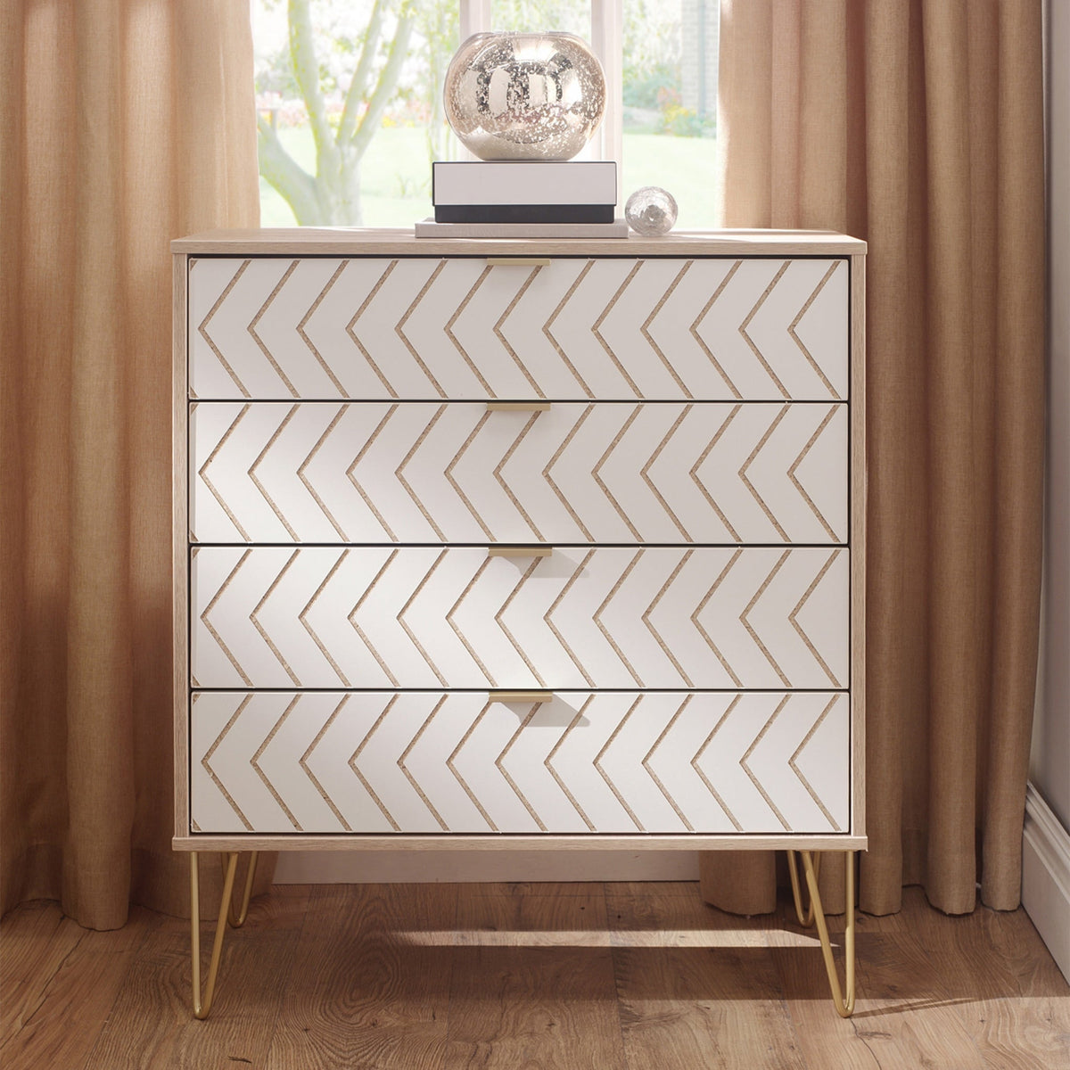 Mila White with Gold Hairpin Legs 4 Drawer Chest from Roseland