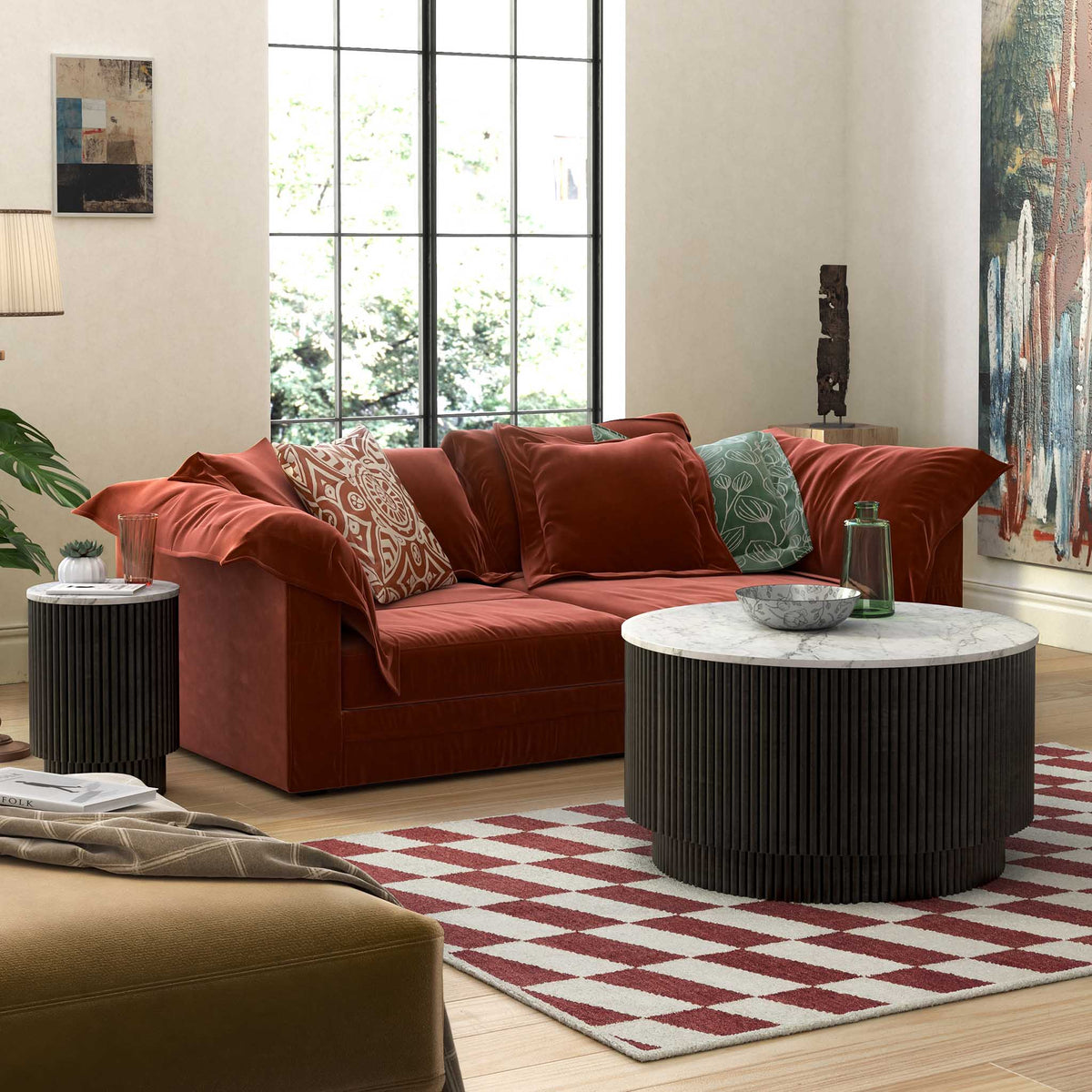 Milo Matt Black Mango & Marble Round Fluted Coffee Table Lifestyle