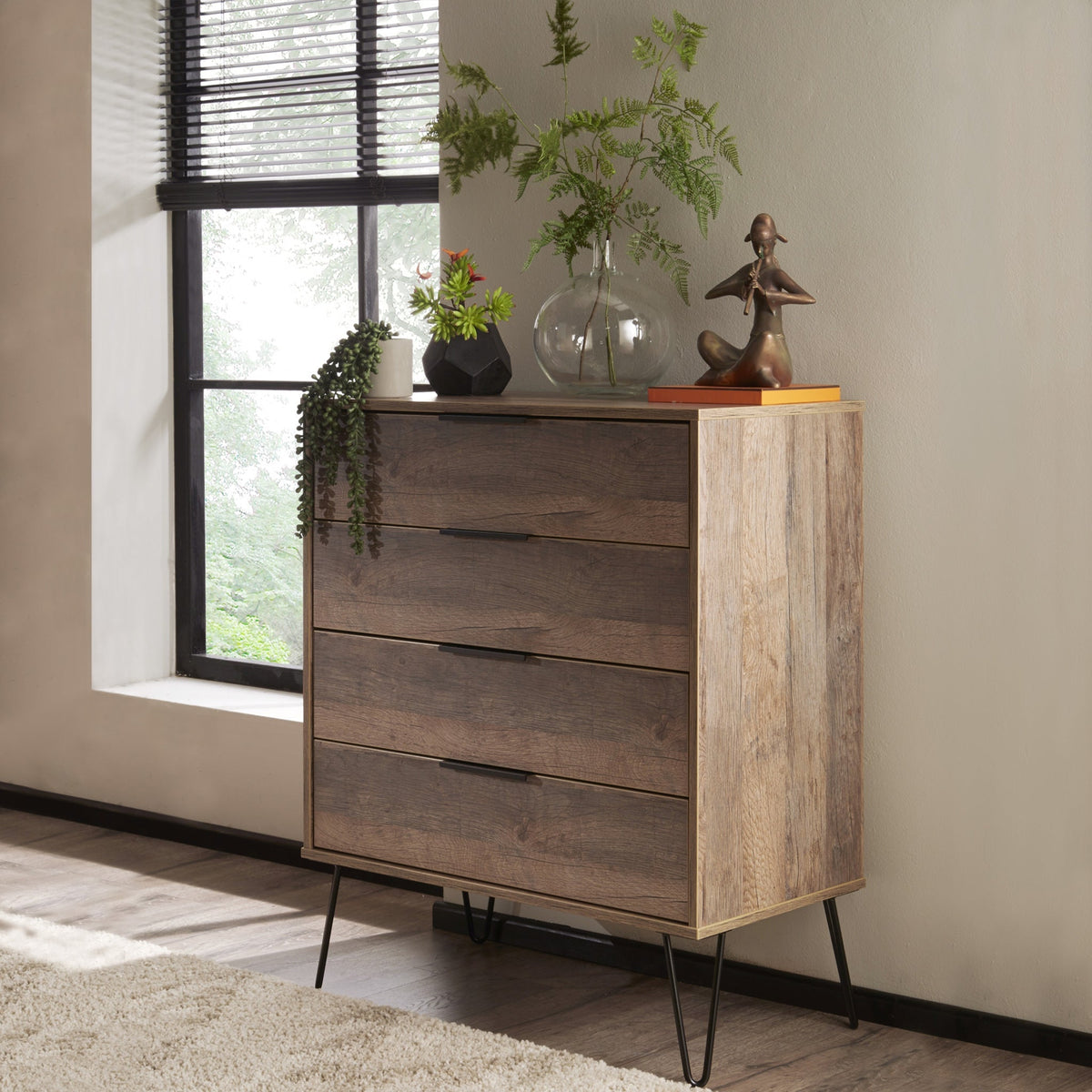 Moreno Rustic Oak Wooden 4 Drawer Chest with Black Hairpin Legs for bedroom