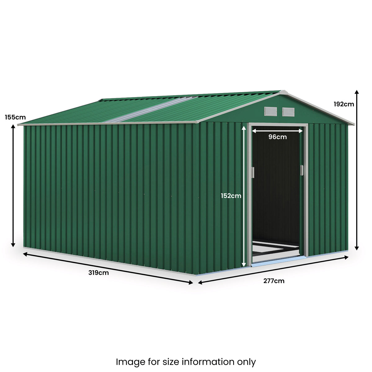 Oxford Green 9.1 x 10.5ft Galvanised Steel Shed dimensions
