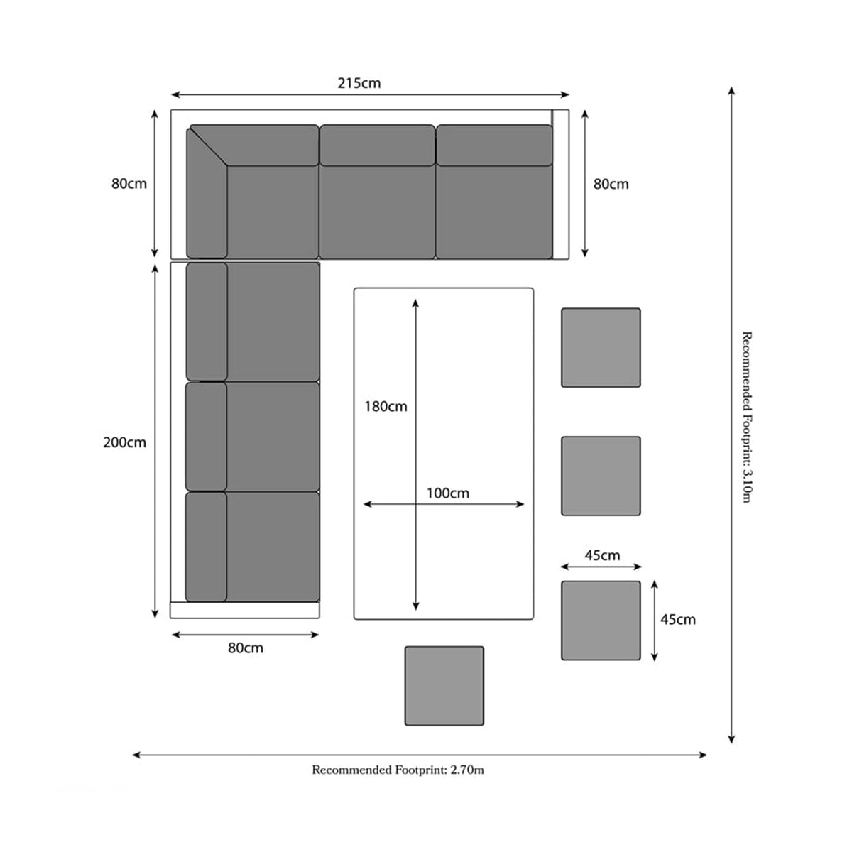 Parisian 180cm Rattan Corner Lounge Garden Dining Set Dimension & Size Guide