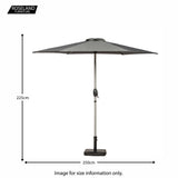 A grey patio umbrella stands on a base, measuring 225 cm in height and 250 cm in diameter. Text: "ROSELAND FURNITURE. Image for size information only."