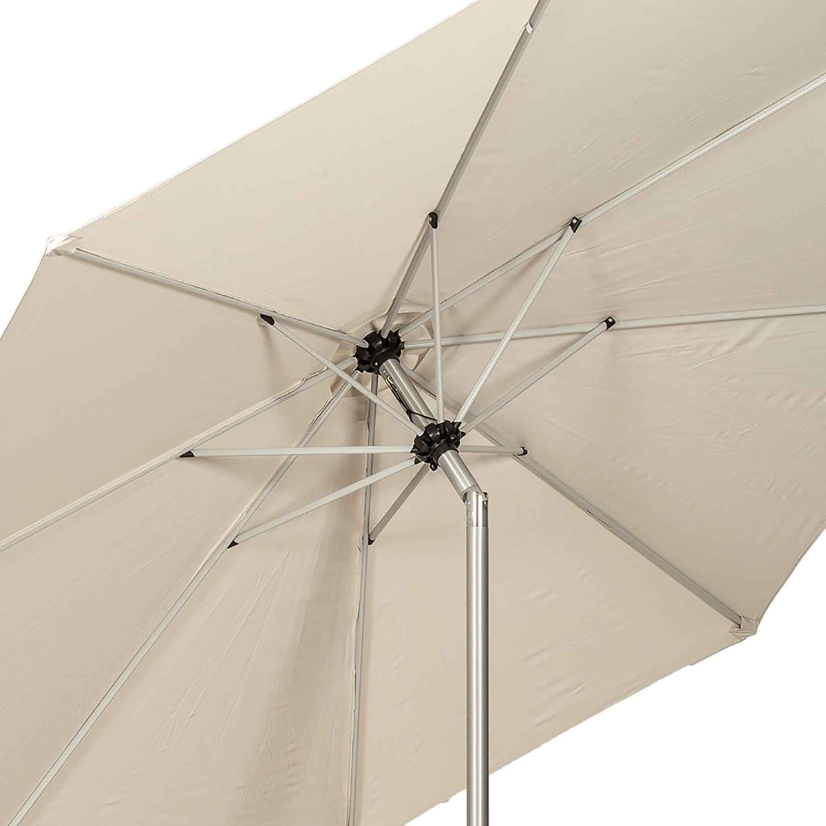 close up of the cream waterproof canopy on the 3m Crank & Tilt Ivory Garden Parasol with Brushed Aluminium Frame