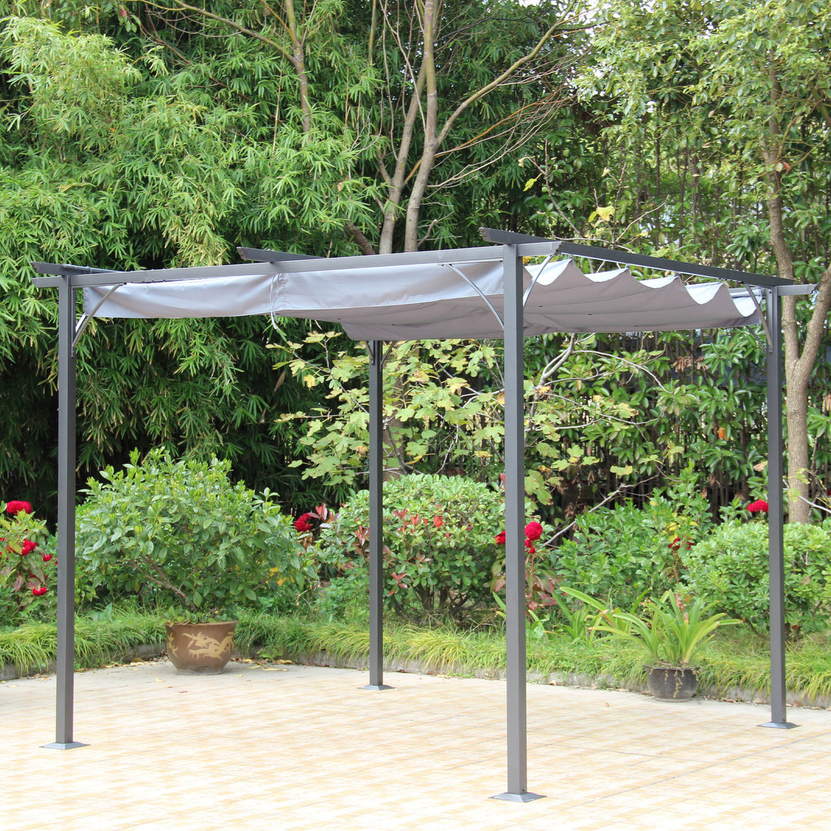 3m Grey Prague Pergola Gazebo with retractable shelter lifestyle setting