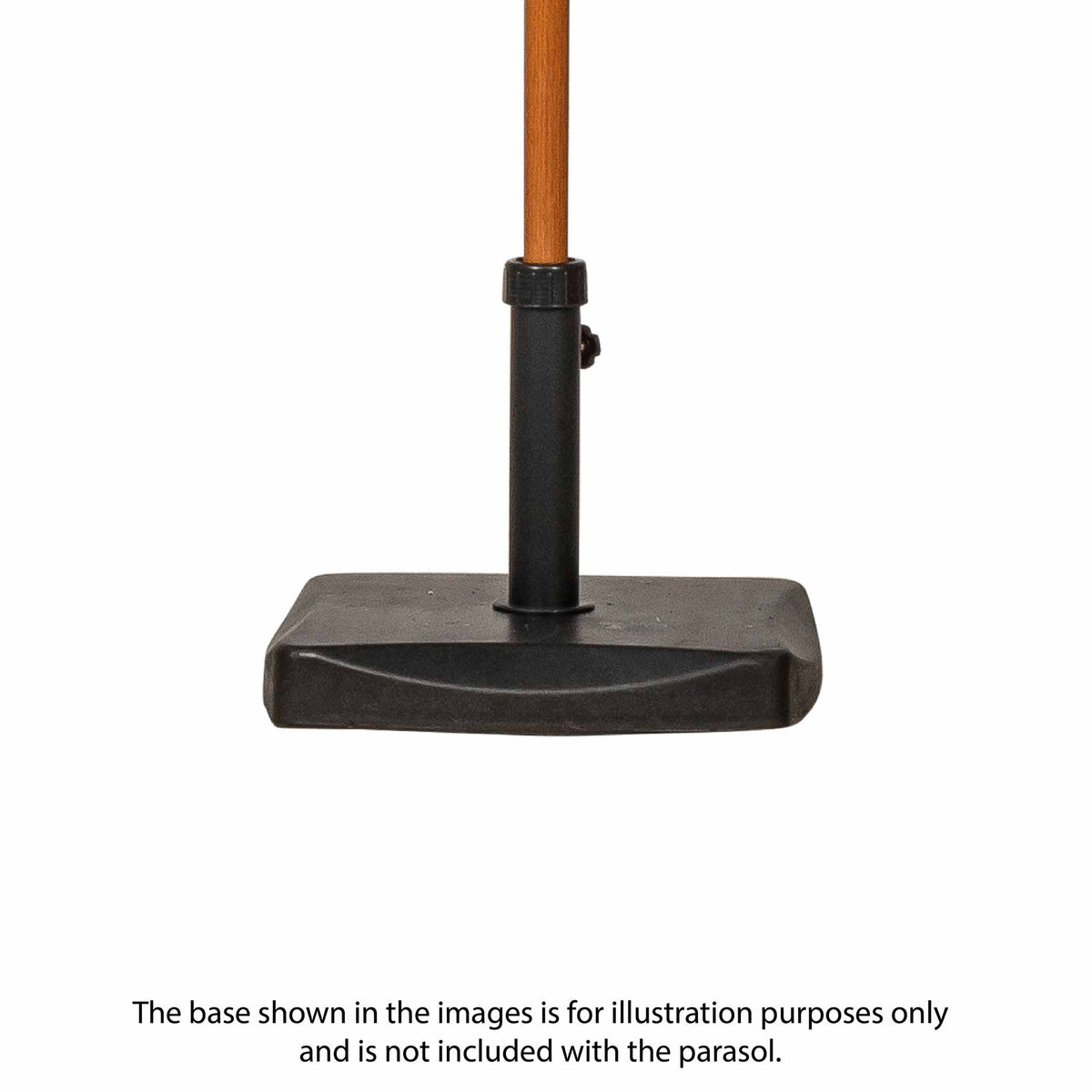 A parasol pole inserted into a black base, against a white background. Text: "The base shown in the images is for illustration purposes only and is not included with the parasol."