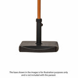 A parasol pole inserted into a black base, against a white background. Text: "The base shown in the images is for illustration purposes only and is not included with the parasol."