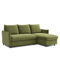 Olive green sectional sofa with plush cushions and dark legs, isolated against a white background.