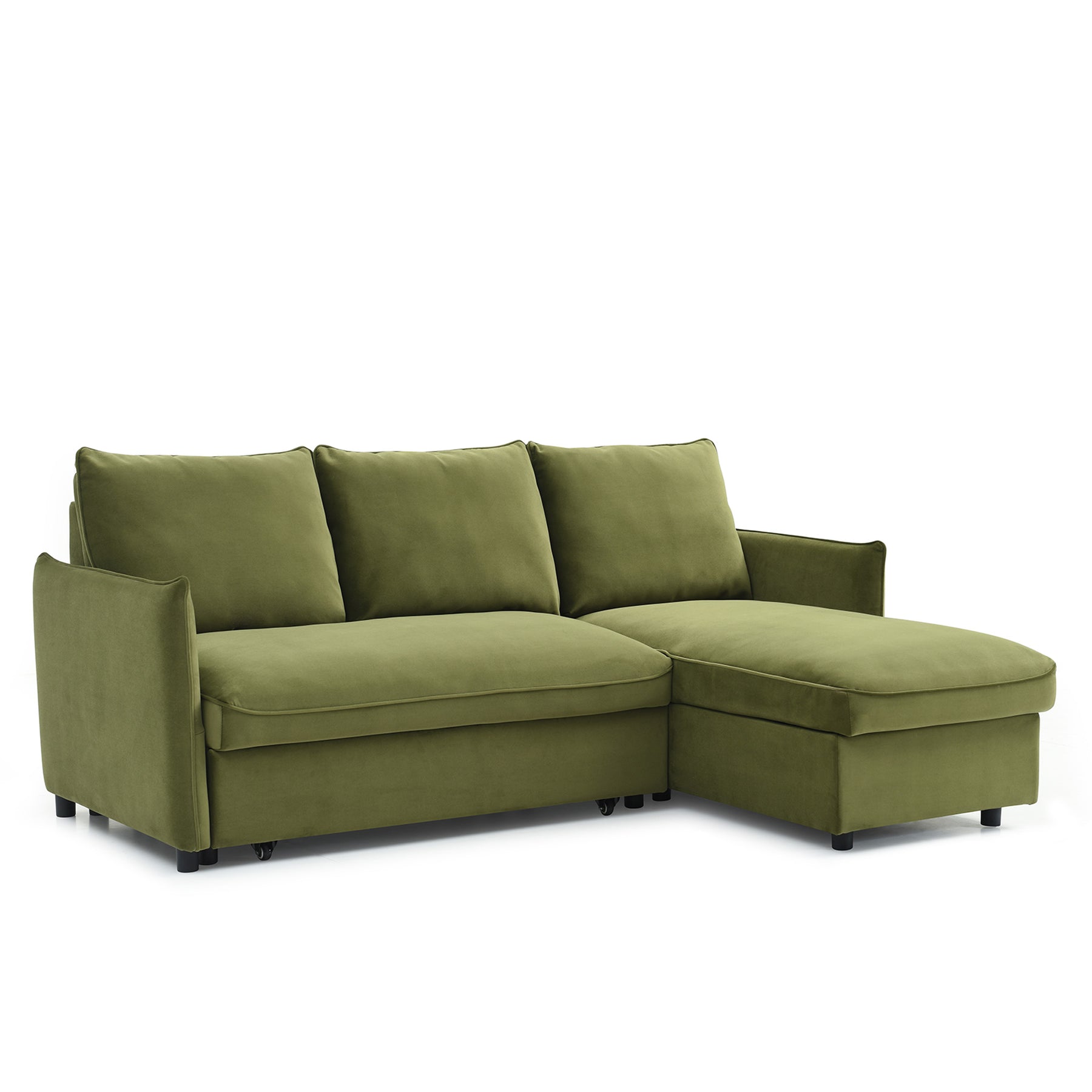 Olive green sectional sofa with plush cushions and dark legs, isolated against a white background.