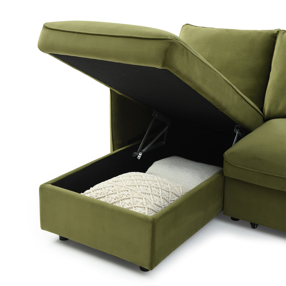 Thalia Olive Green Velvet 3 Seater Corner Chaise Sofa Bed