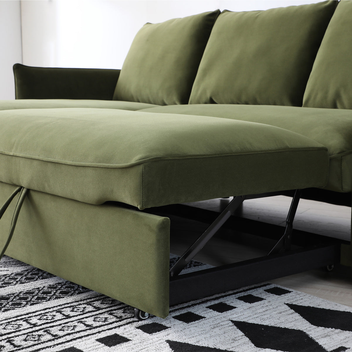 Thalia Olive Green Velvet 3 Seater Corner Chaise Sofa Bed