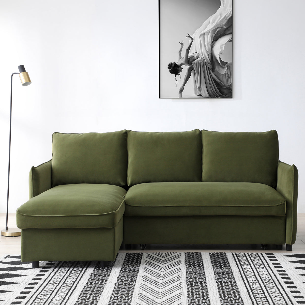 Thalia Olive Green Velvet 3 Seater Corner Chaise Sofa Bed for Living Room