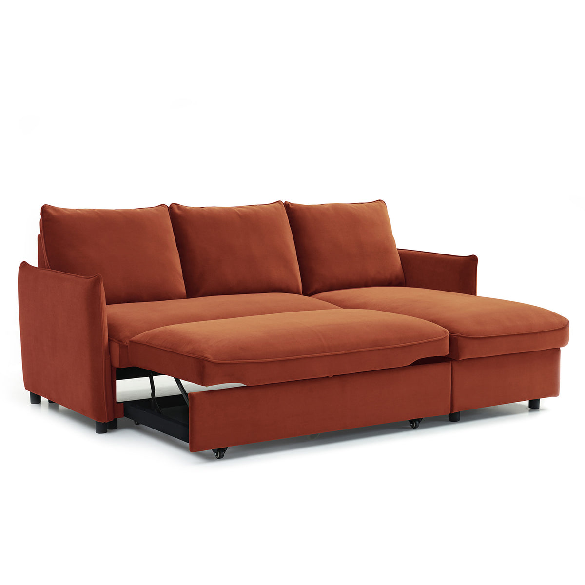 Thalia Burnt Orange Velvet 3 Seater Corner Chaise Sofa Bed from Roseland Furniture