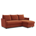 A terracotta-colored L-shaped sectional sofa with plush cushions stands against a white background.