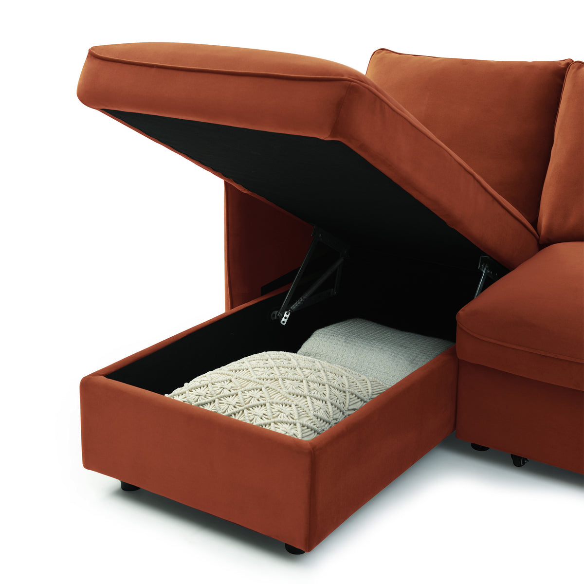 Thalia Burnt Orange Velvet 3 Seater Corner Chaise Sofa Bed