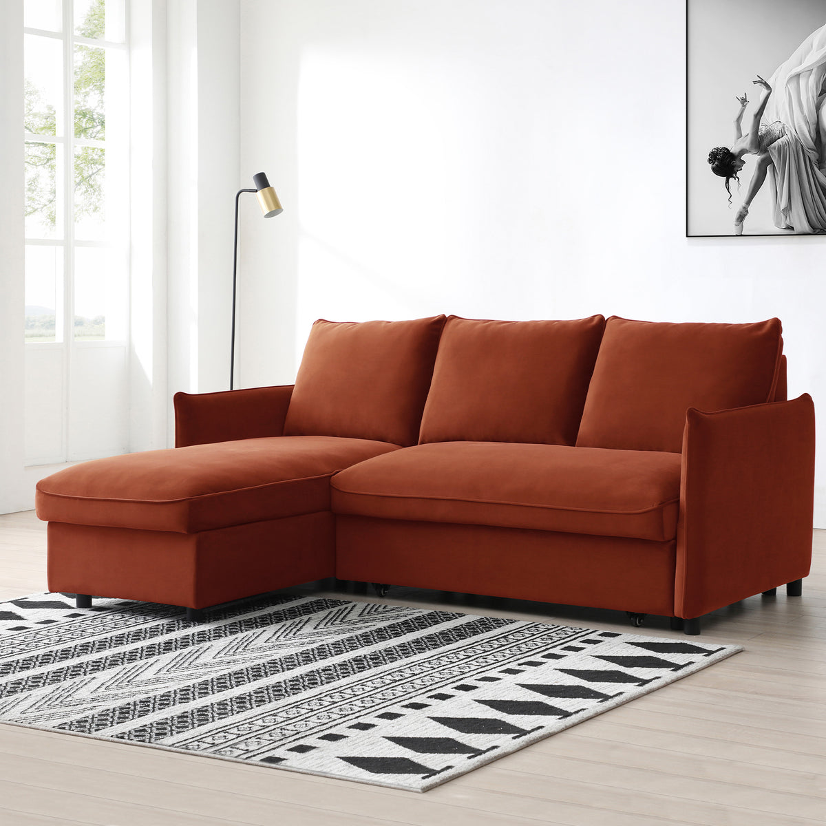 Thalia Burnt Orange Velvet 3 Seater Corner Chaise Sofa Bed