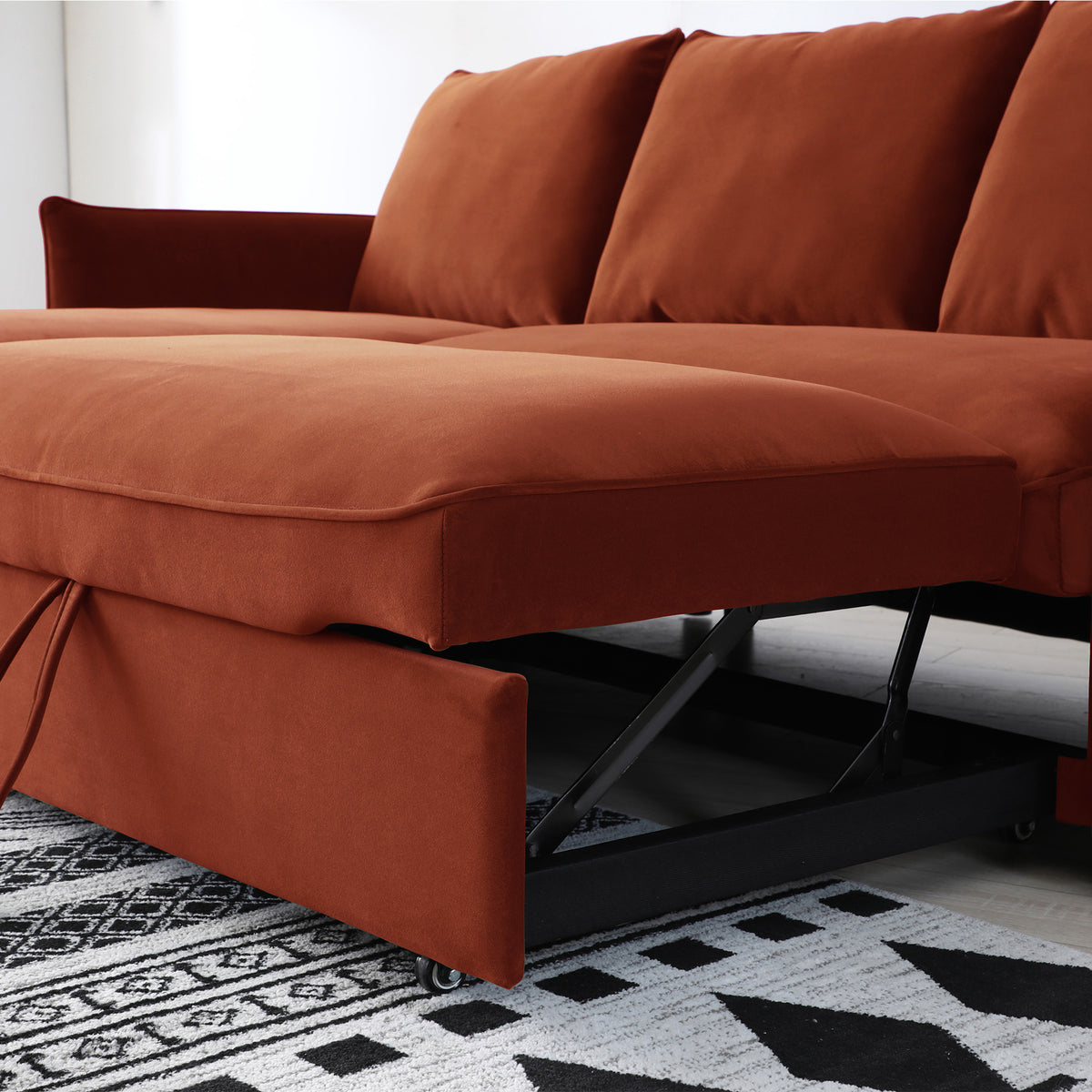 Thalia Burnt Orange Velvet 3 Seater Corner Chaise Sofa Bed