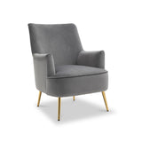 A gray upholstered armchair with a high backrest and angled gold-tipped wooden legs stands isolated against a white background.
