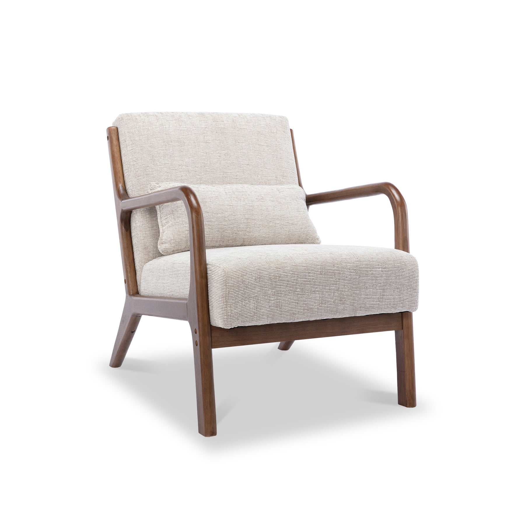 A modern armchair with beige upholstery and wooden frame on a white background.