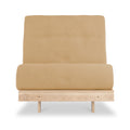 A minimalist beige upholstered chair with a tall backrest, tufted with three buttons, on a simple wooden frame, standing against a white background.