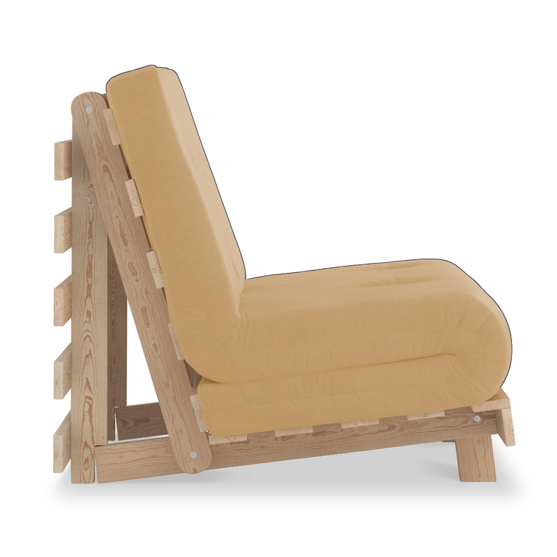 A wooden lounge chair with a beige cushion, angled for relaxed seating, against a white background.