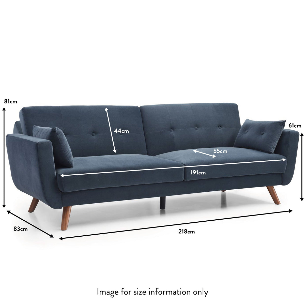 Trom Blue Velvet 3 Seater Sofabed dimensions