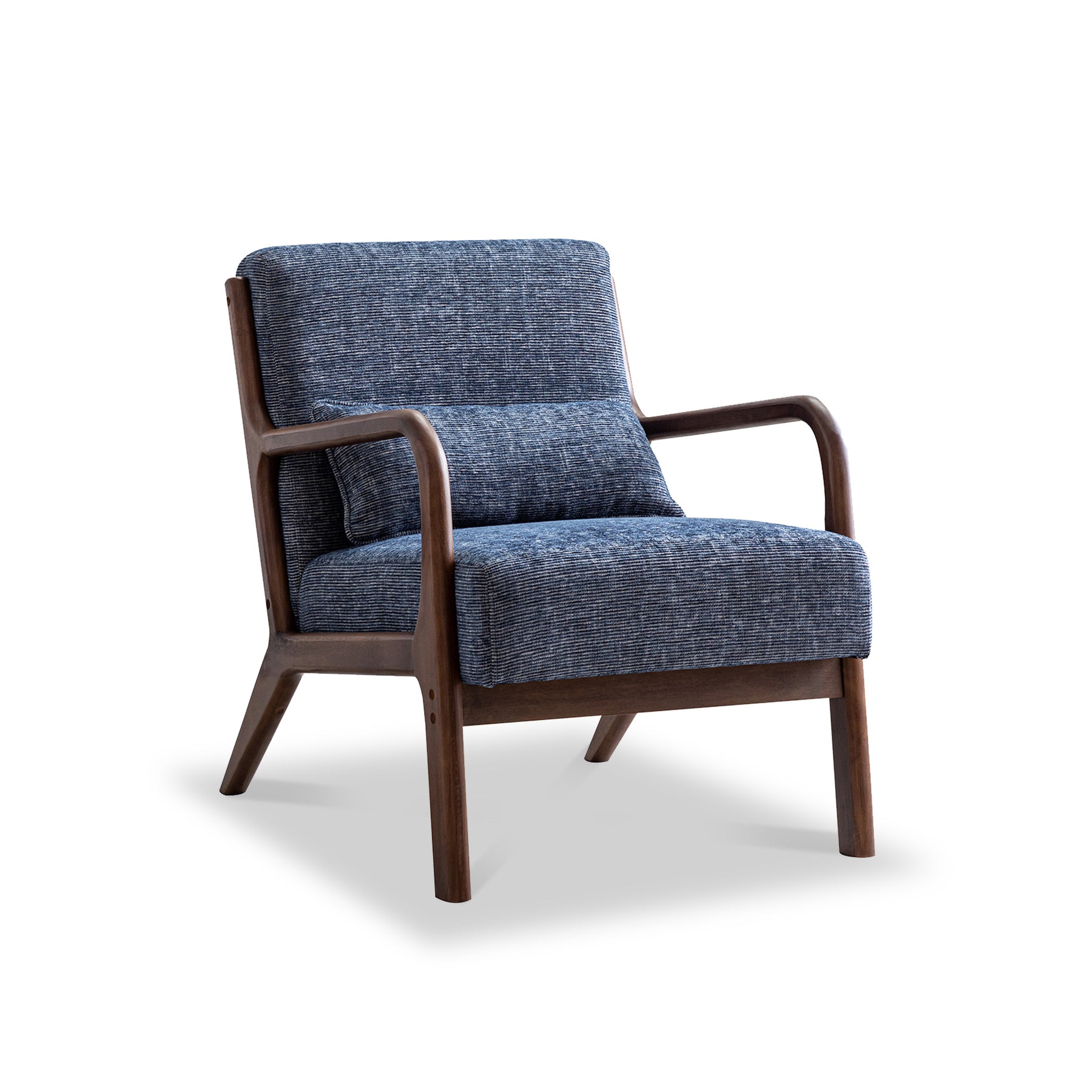 A blue upholstered armchair with wooden arms and legs, isolated on a white background.