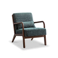 A teal upholstered armchair with wooden arms and legs stands isolated on a white background.