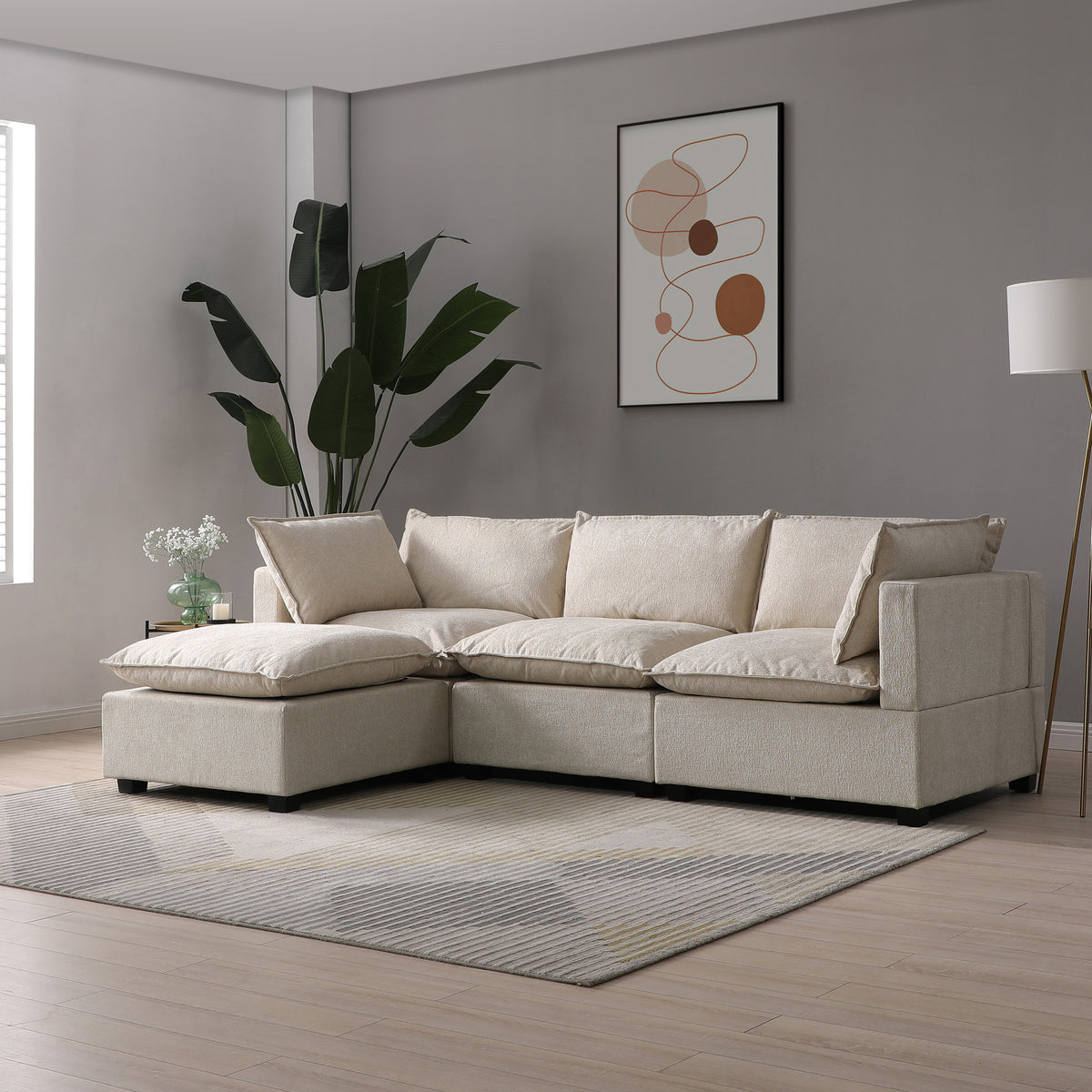 Hampton 3 Seater Boucle Chaise Sofa, Grey or Natural Fabric | Roseland ...