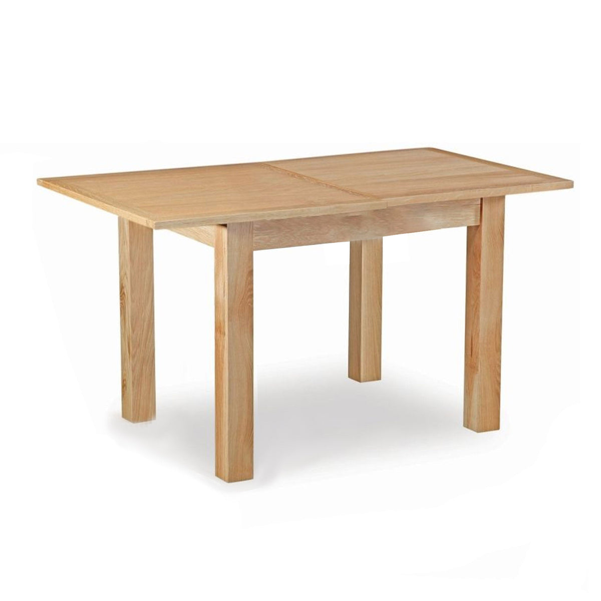 A wooden table with a light finish stands against a white backdrop, featuring a simple, sturdy design with thick, straight legs. There is no text.