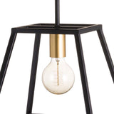 A pendant light with a visible filament bulb hangs from a geometric black frame with a gold socket, set against a white background.