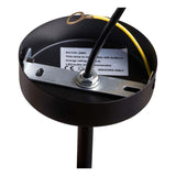 A black lamp base with a wire, labeled "AC110-240V This lamp is compatible with bulbs in energy ratings A++ to E, LED bulbs are recommended INDOORS ONLY," isolated on white.