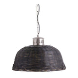 A woven dark wicker pendant light hangs via a metal chain, isolated against a white background.