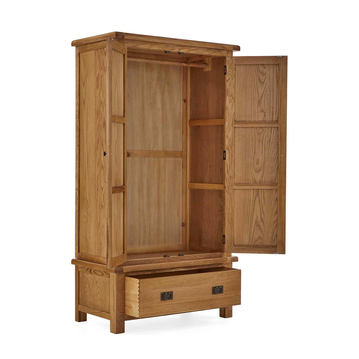 Zelah Oak Double Wardrobe with Drawer - Side view with wardrobe and drawer open