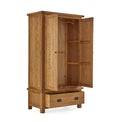 Zelah Oak Double Wardrobe with Drawer - Side view with wardrobe and drawer open