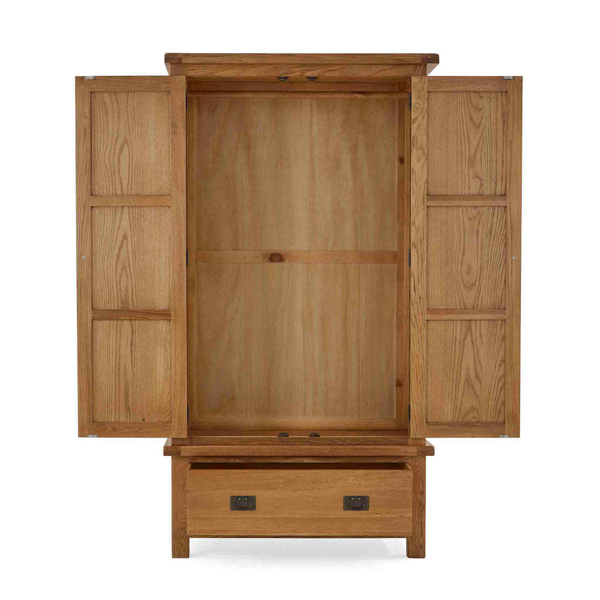 Zelah Oak Double Wardrobe with Drawer - Front view with wardrobes and drawers open