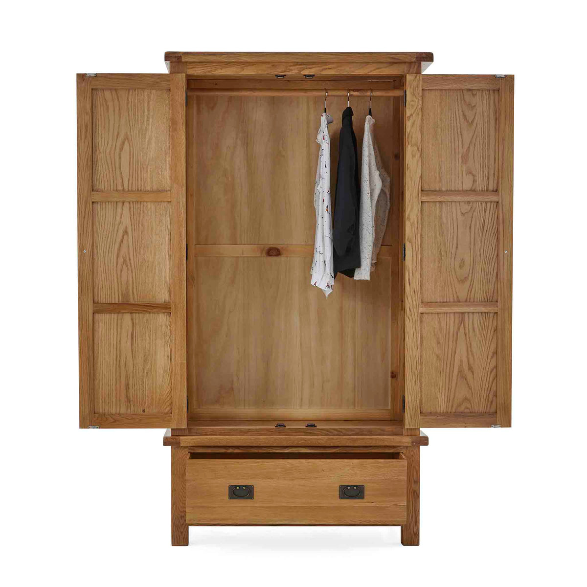 Zelah Oak Double Wardrobe with Drawer - Front view with wardrobe and drawer open