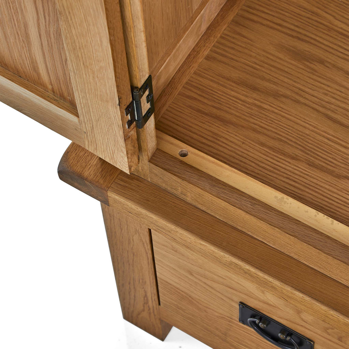 Zelah Oak Triple Wardrobe with Drawers - Close up of base of  inside wardrobe