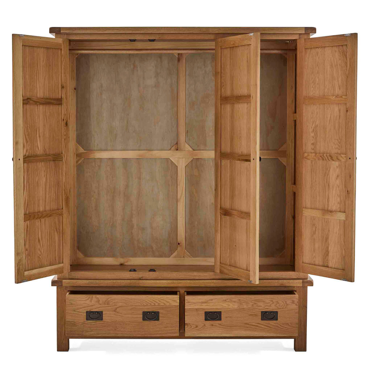Zelah Oak Triple Wardrobe with Drawers - Front view with doors and drawers open