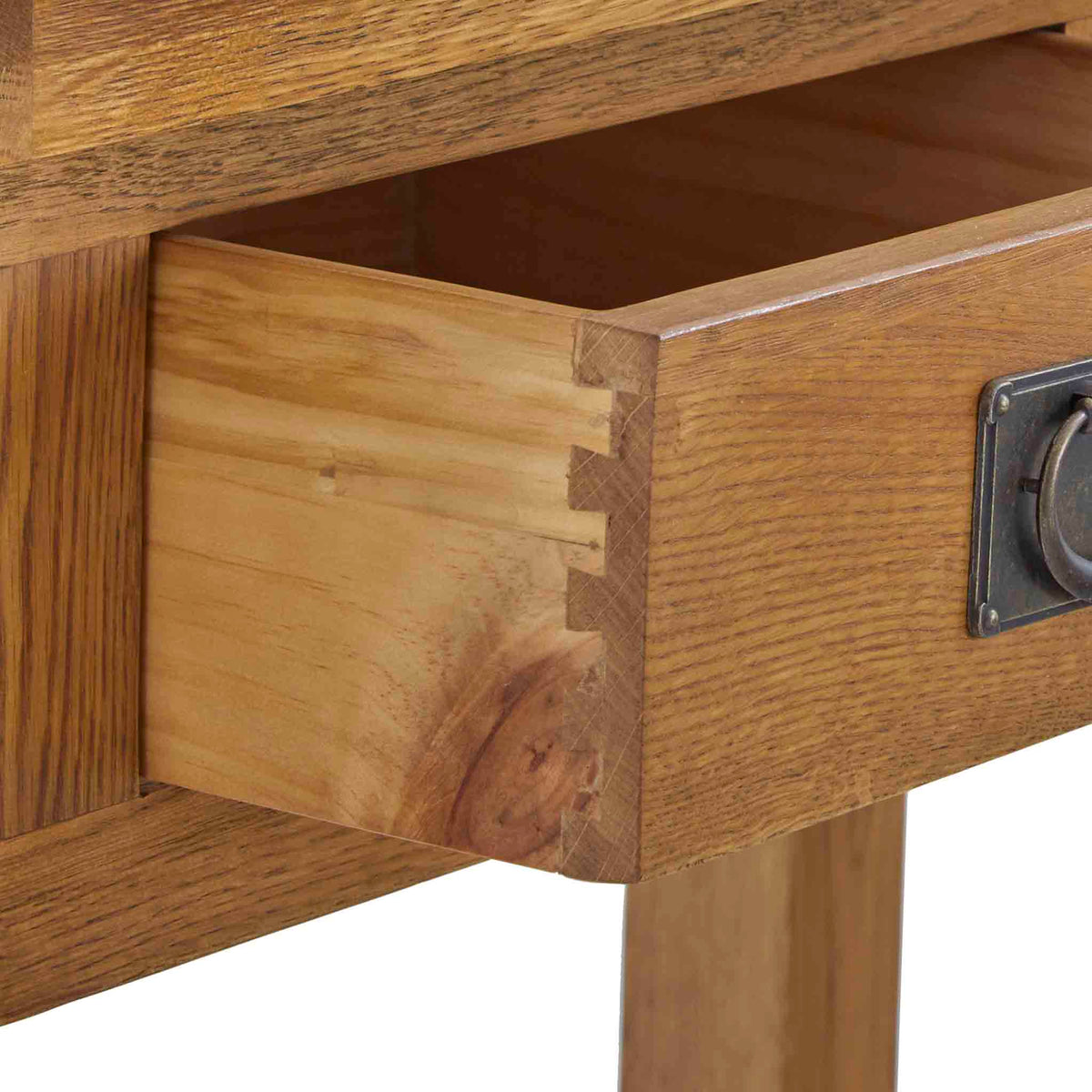 Zelah Oak Dressing Table - Close up of dovetail joints on drawer