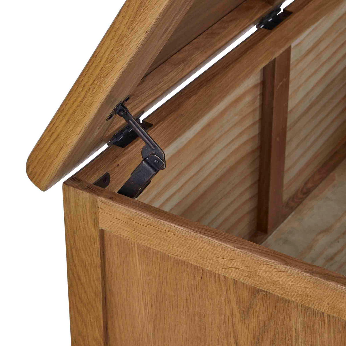 Zelah Oak Blanket Box - Close up of hinges