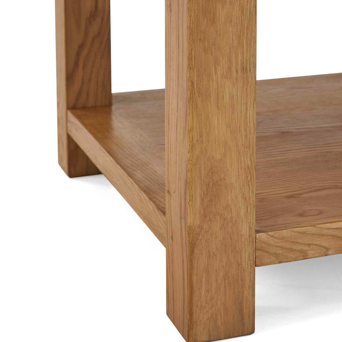 Zelah Oak Large Coffee Table - Close up of lower shelf and legs