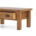 Zelah Oak Coffee Table with Drawer - Close up of end of table