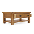 Zelah Oak Large Coffee Table - Side view with drawer open