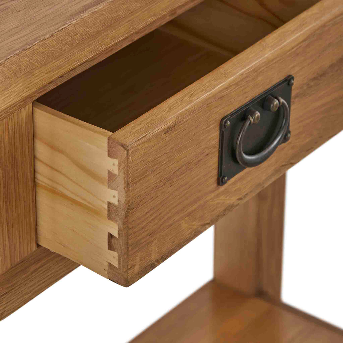 Zelah Oak Console Table - Close up of dovetail joints on drawer