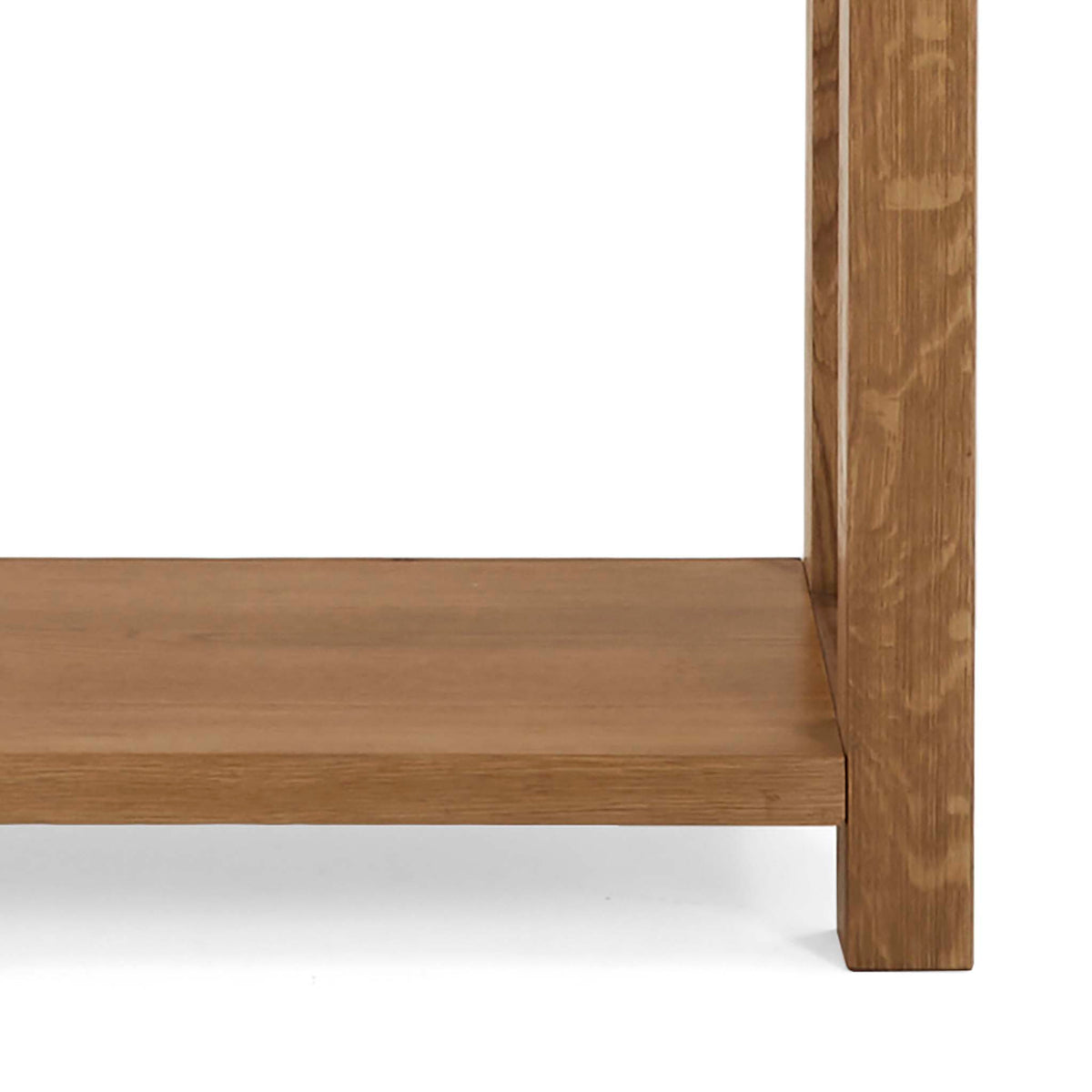 Zelah Oak Console Table - Close up of lower shelf and legs