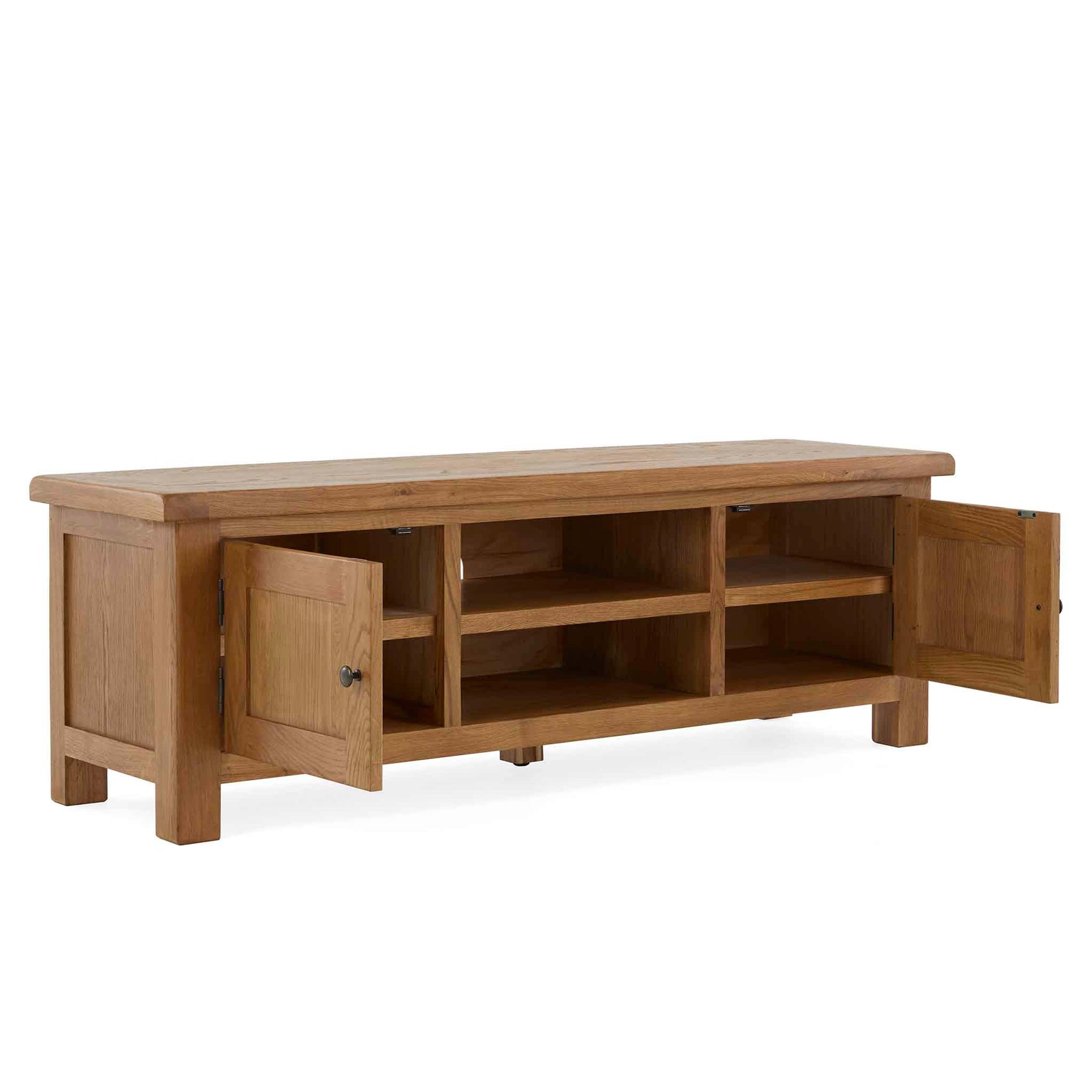 Zelah Oak 150cm TV Stand - Side view with doors opening